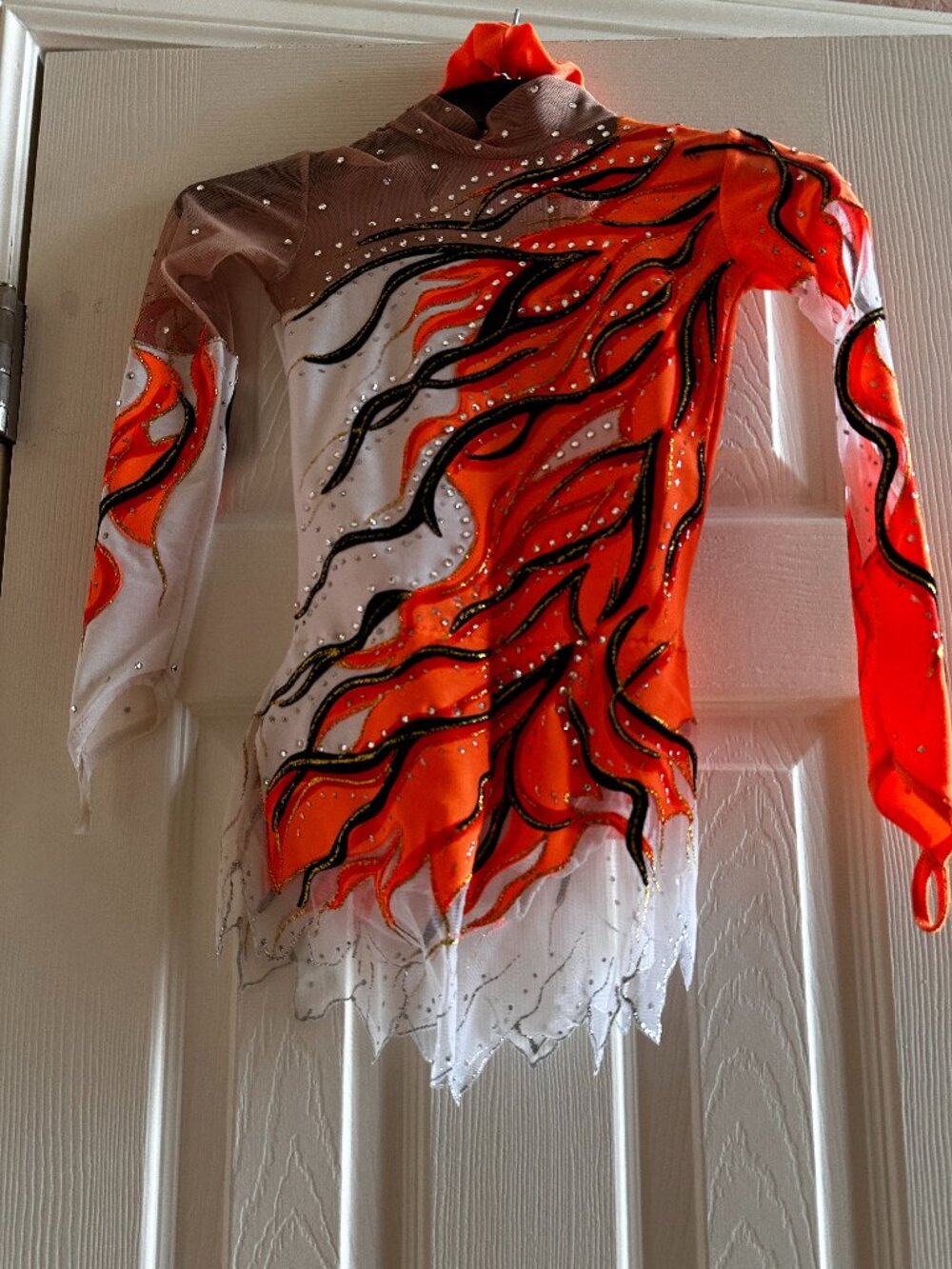 Rhythmic Gymnastics Leotard Flame Fire Design Rhinestones Girls Size 6-7